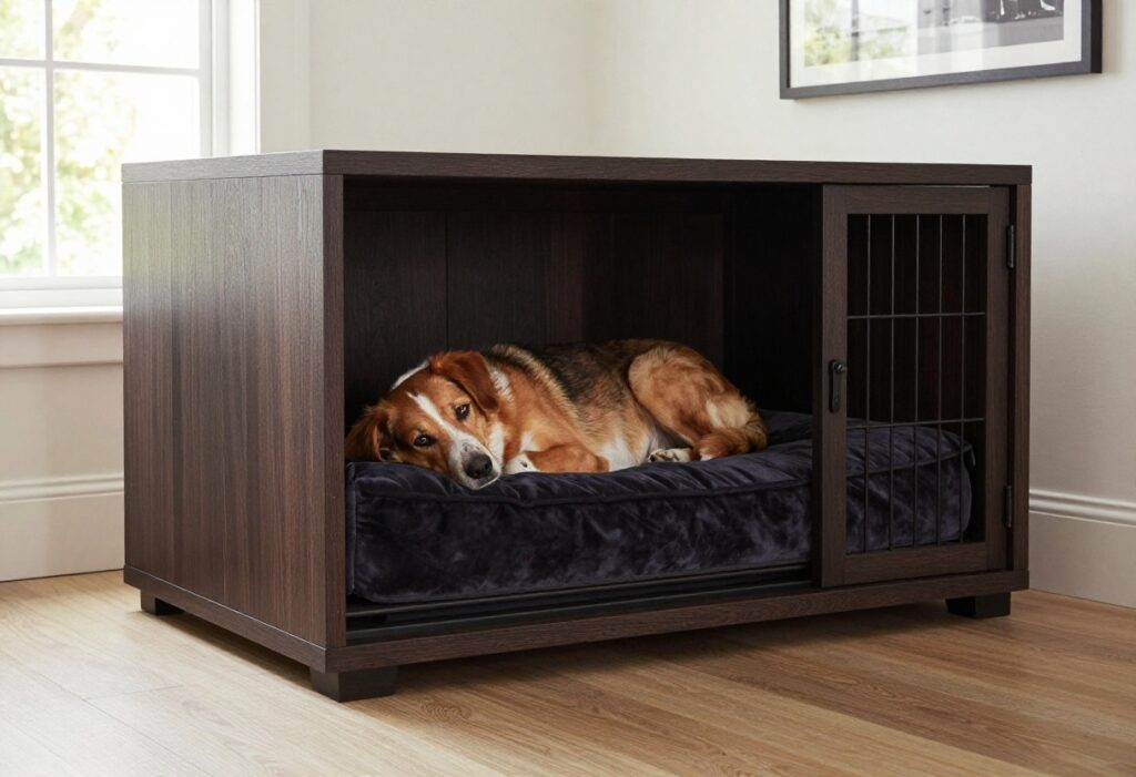 Luxury custom built-in dog crate in a stylish living room with a dog resting inside