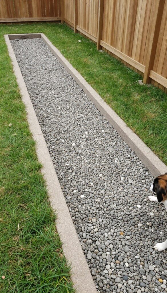 Gravel trench along a wooden fence line to prevent dog digging, with landscape fabric and rounded river stones.