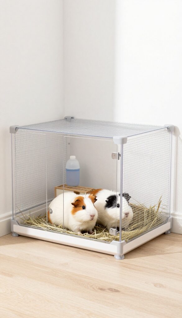 Guinea pig cage with clear acrylic front panel in a bedroom corner, showing pets inside, with mesh sides and top for ventilation.