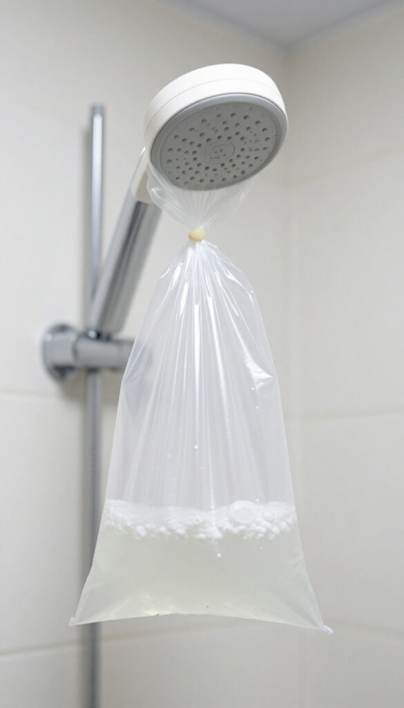 Plastic bag filled with vinegar tied around a fixed shower head for cleaning