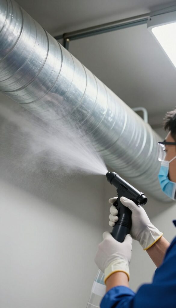 HVAC technician fogging sanitizer into air duct