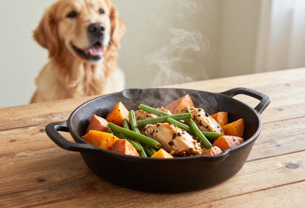 One-pan dog food with chicken and sweet potatoes in a cast-iron skillet, with a dog waiting nearby.