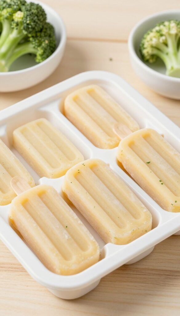 Homemade frozen cauliflower and yogurt pupsicles in a silicone mold tray, with a dog bowl and fresh cauliflower on a wooden table in natural light.