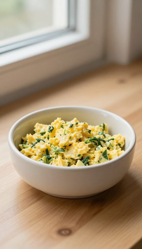 Small dog bowl with egg and spinach scramble on a wooden surface, natural lighting, photorealistic pet food photography.