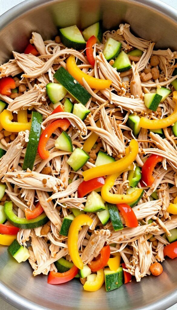 Shredded chicken and veggie scramble spread on a slow feeder bowl and snuffle mat for dog enrichment.
