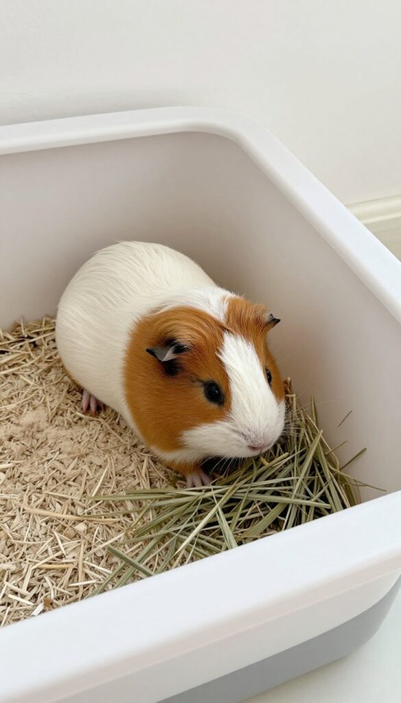 Guinea pig using a corner litter box filled with paper bedding and hay in a clean cage setup