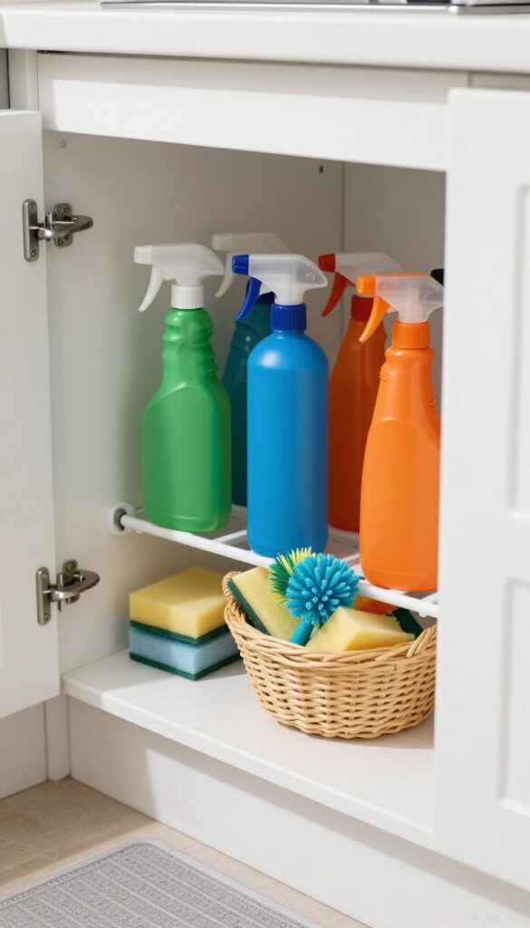 Organized under-sink cabinet with tension rod holding spray bottles and a basket of sponges.