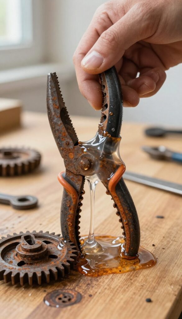 Gloved hand applying naval jelly gel to rusty pliers on a wooden workbench