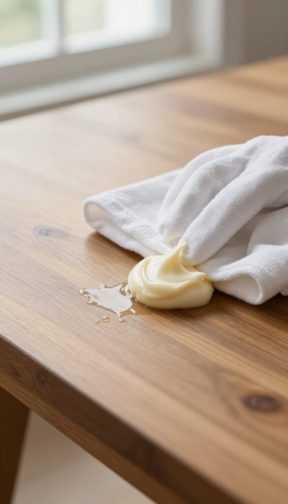 Applying mayonnaise to a water ring on a wood table