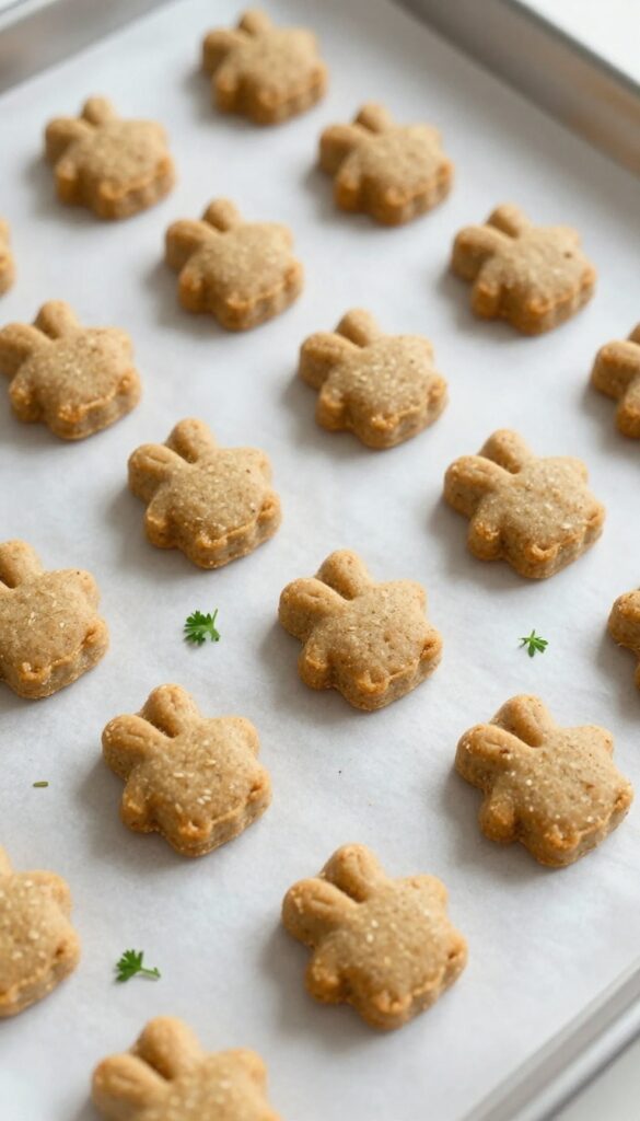Homemade rabbit and oat dog treats baked golden brown on a parchment-lined baking sheet with fresh parsley garnish.