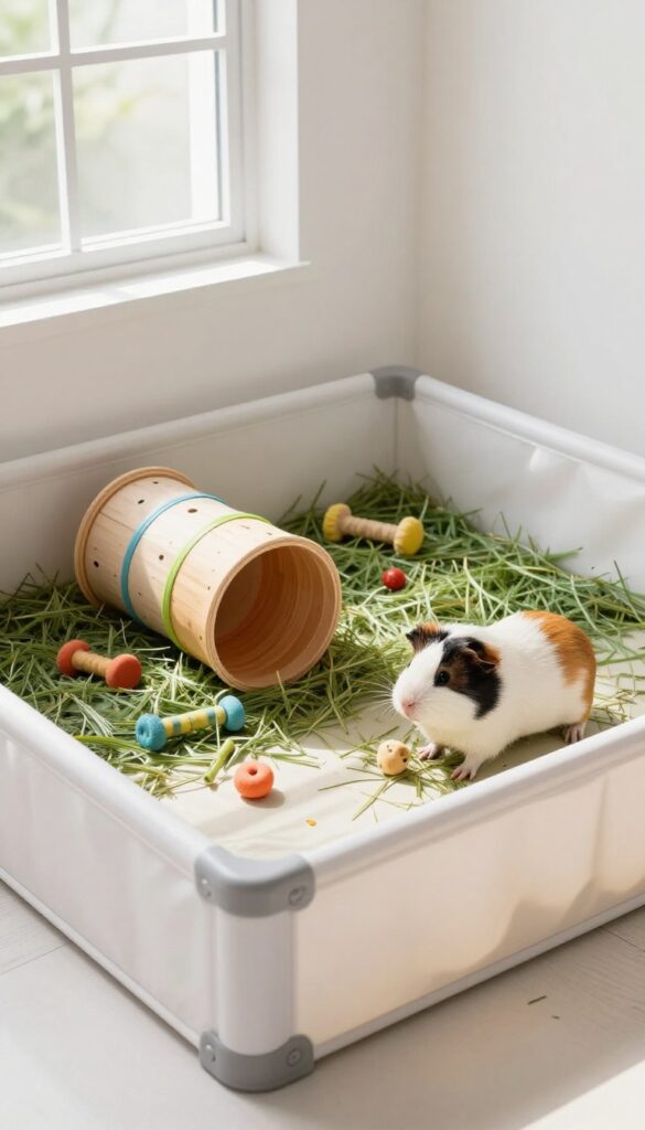 Guinea pigs in a clean playpen with hideouts and toys on a waterproof mat