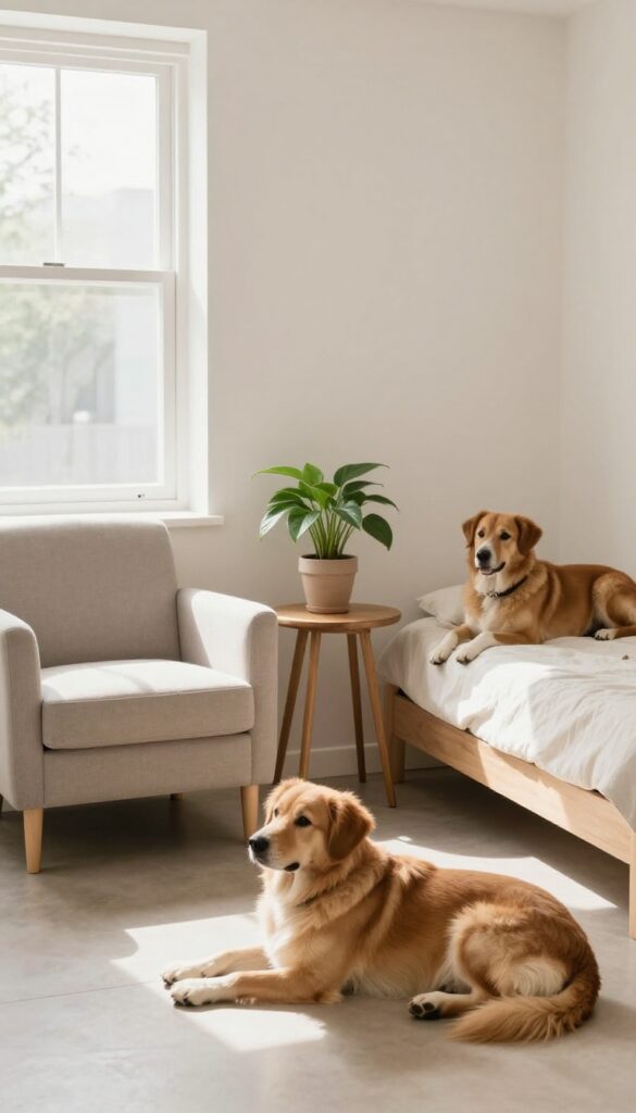 Cozy waiting area in a dog grooming salon with comfortable chairs and a relaxed dog