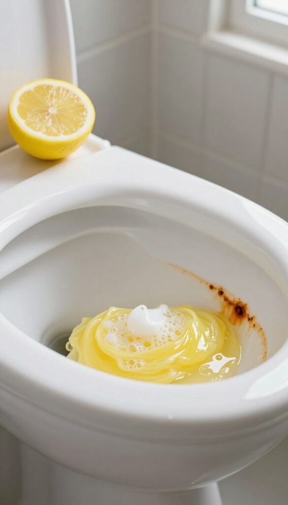 Lemon juice and borax paste on rust stains in a white toilet bowl