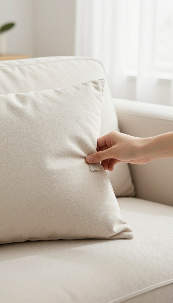 Hand flipping sofa cushion to show fabric care tag with cleaning code