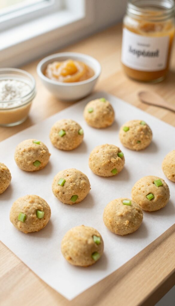 Homemade no-bake celery and apple dog treats, soft and chewy, arranged on a parchment-lined tray with applesauce and coconut flour nearby.