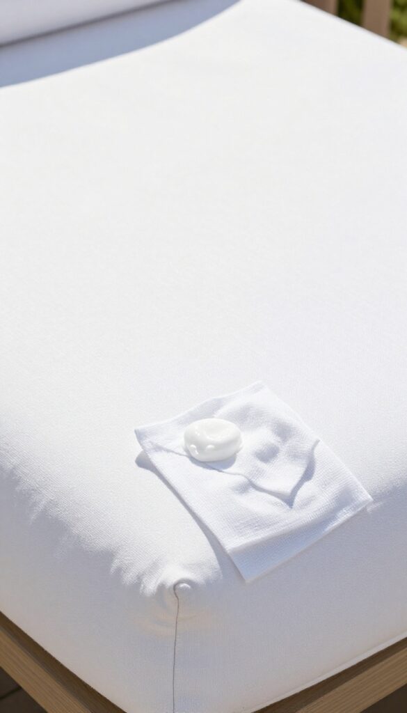 Spot testing cleaning solution on an outdoor cushion corner with a white cloth
