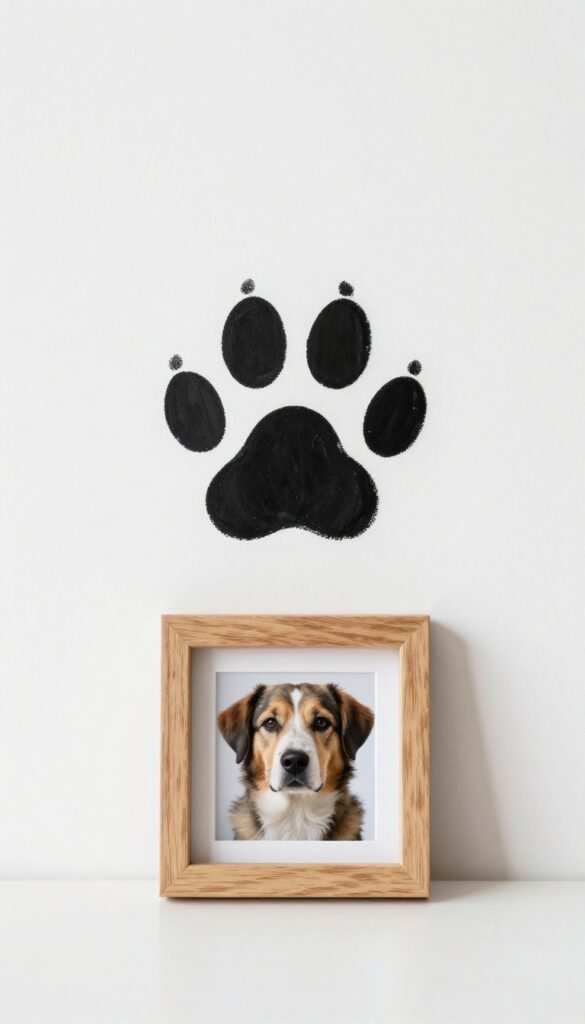 Framed dog paw print next to a dog photo in a multi-opening wooden frame on a white wall