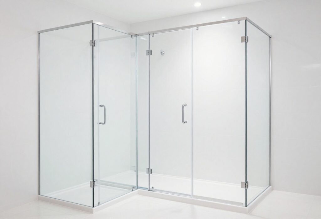 Sparkling clean shower with glass doors and white tiles