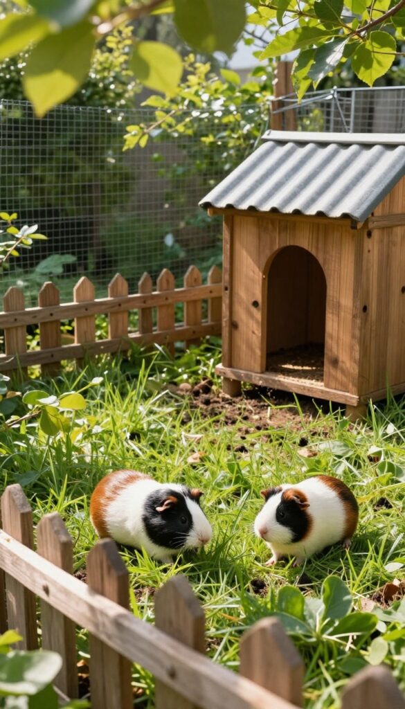 Guinea pig outdoor enclosure with buried wire fence in a garden