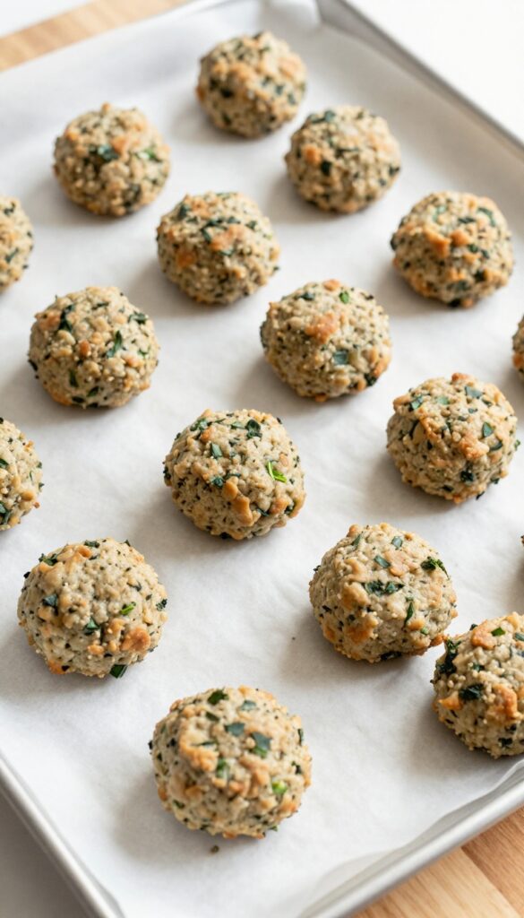 Homemade venison and kale dog patties baked on a parchment-lined sheet, showing the browned exterior and green kale bits.