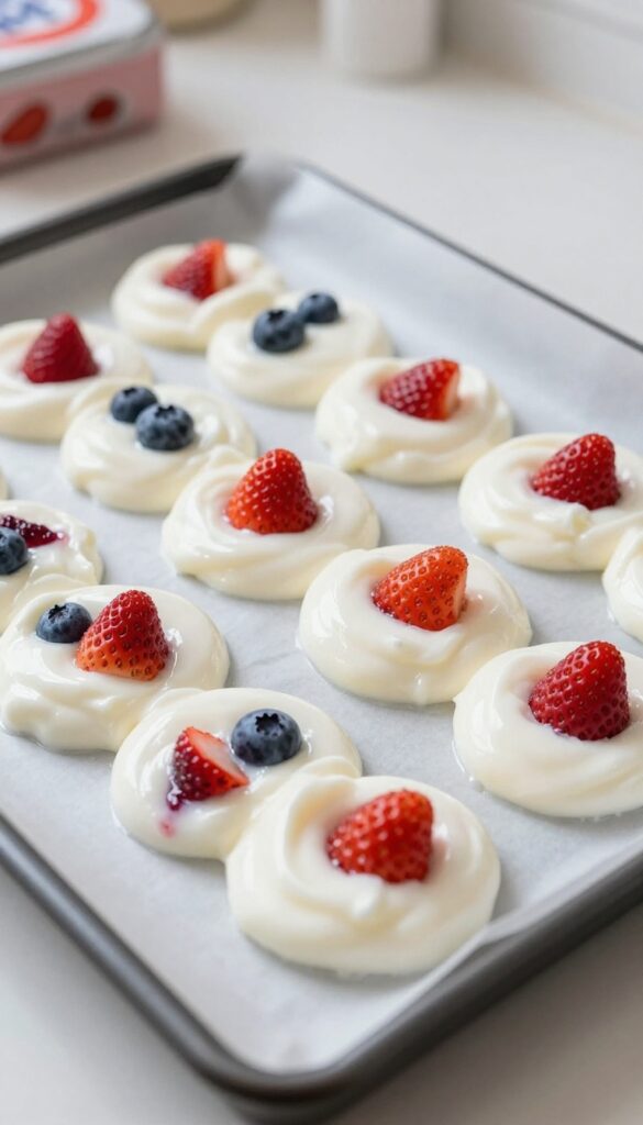 Frozen yogurt and berry drops for dogs on a parchment-lined baking sheet, ready to pack for a road trip.