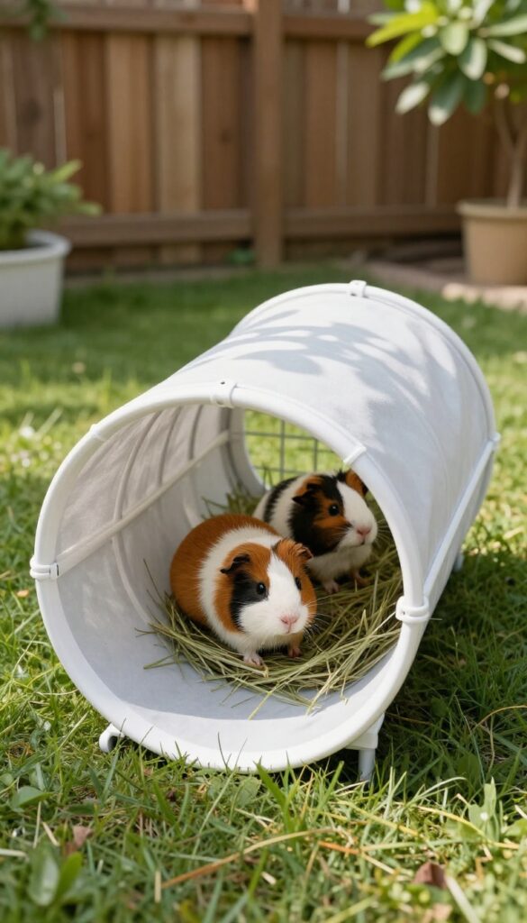PVC pipe and shade cloth tunnel cage for guinea pigs in a sunny backyard