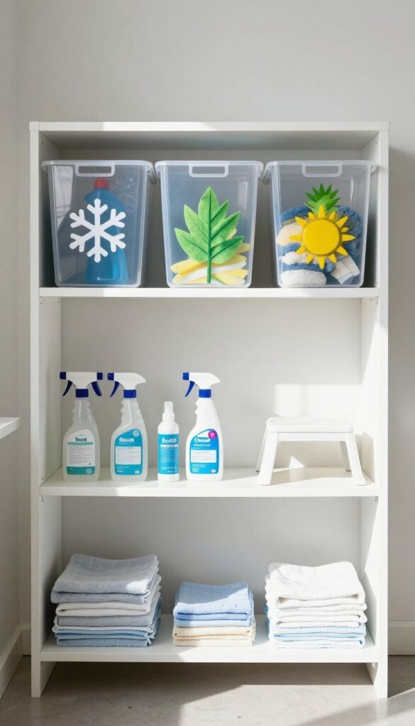 Organized cleaning closet with seasonal supplies on top shelf and everyday essentials on lower shelves, step stool nearby.