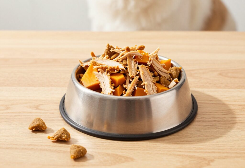 Dog kibble topped with shredded chicken and pumpkin in a bowl