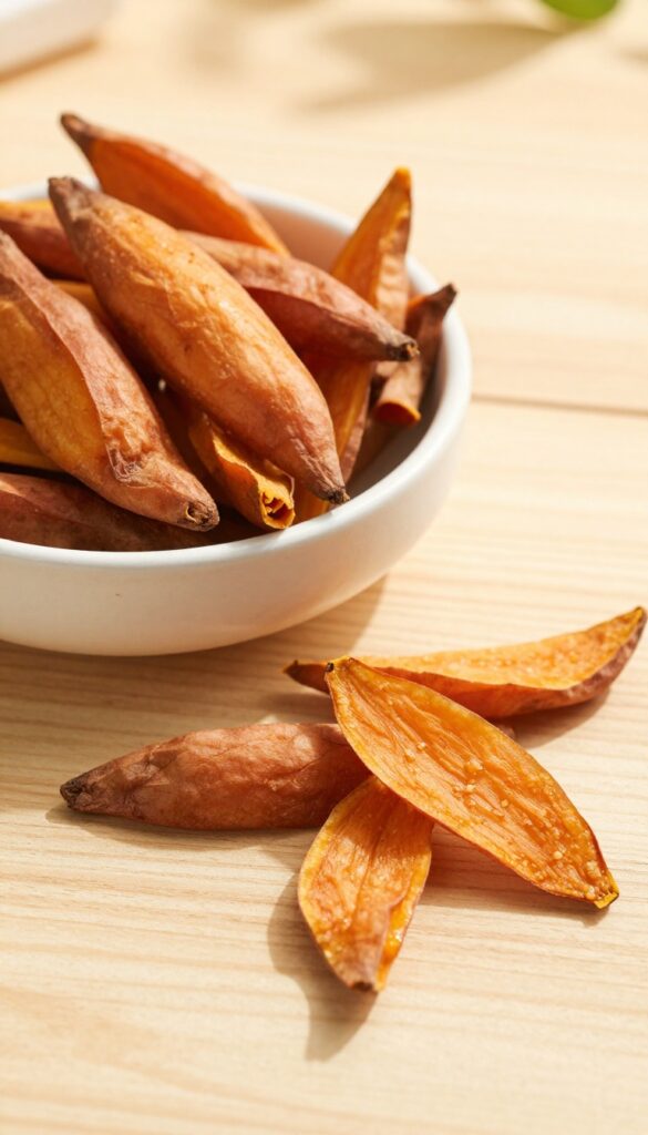 Homemade sweet potato chews for dogs, arranged in a bowl on a picnic blanket outdoors.