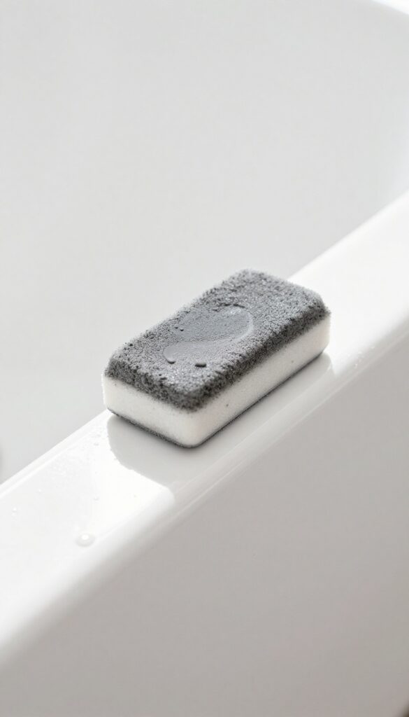 Hand using a magic eraser to remove a stubborn bathtub ring