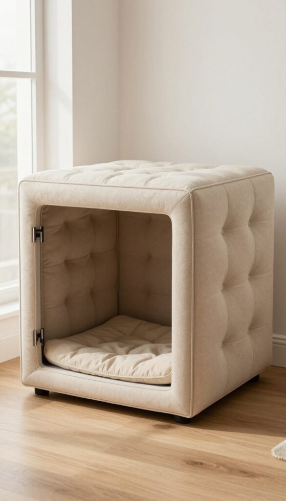Upholstered dog crate with tufted details in a bright living room