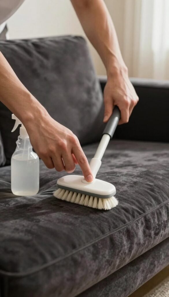 Professional cleaning a velvet sofa with specialized tools in bright natural light
