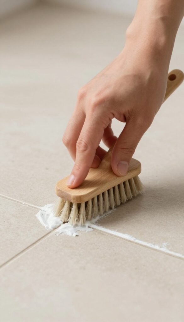Person scrubbing grout lines on a tile floor with a stiff brush and baking soda paste.