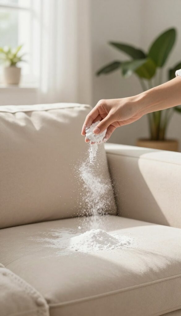 Hand sprinkling baking soda on a beige fabric couch in a bright, airy living room