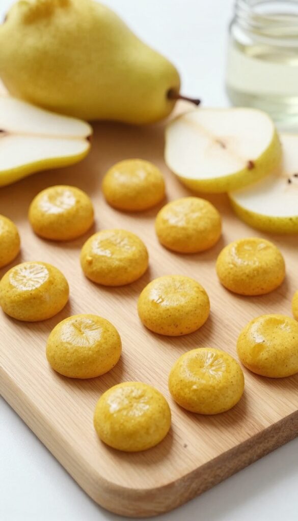 Homemade pear and coconut oil dog treats, small golden bites with turmeric specks, arranged on a wooden board with fresh pear slices and coconut oil jar.