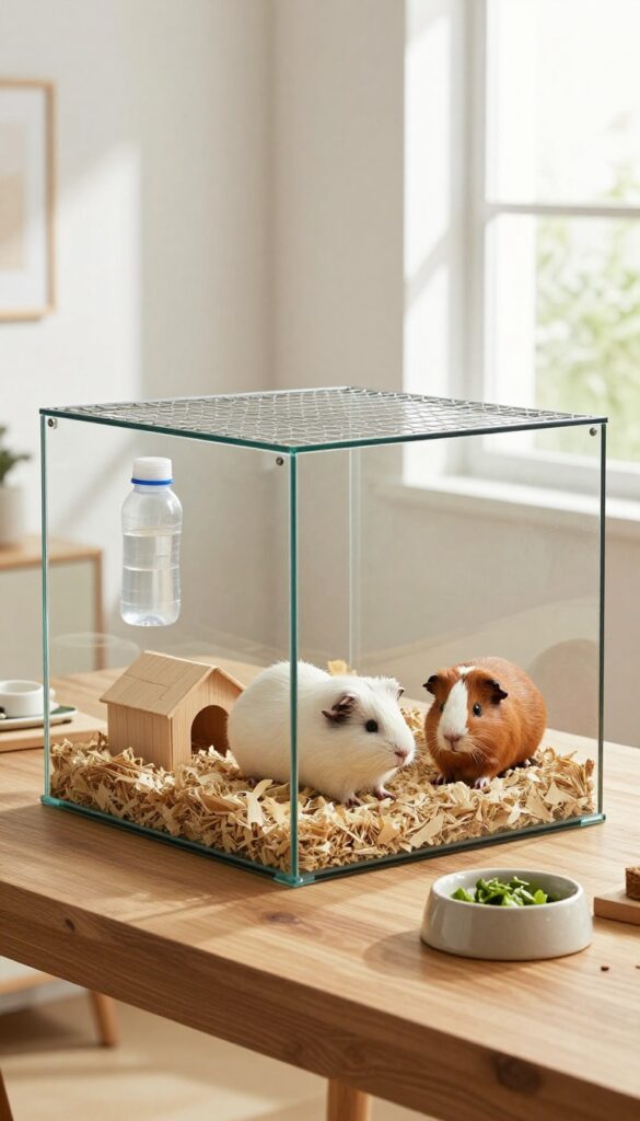 Glass terrarium guinea pig habitat with custom wire lid, paper bedding, and two guinea pigs inside