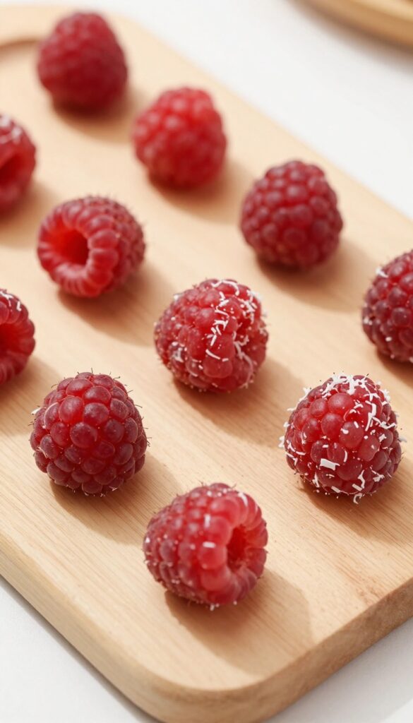 Homemade raspberry coconut chews for dogs, arranged on a wooden board.
