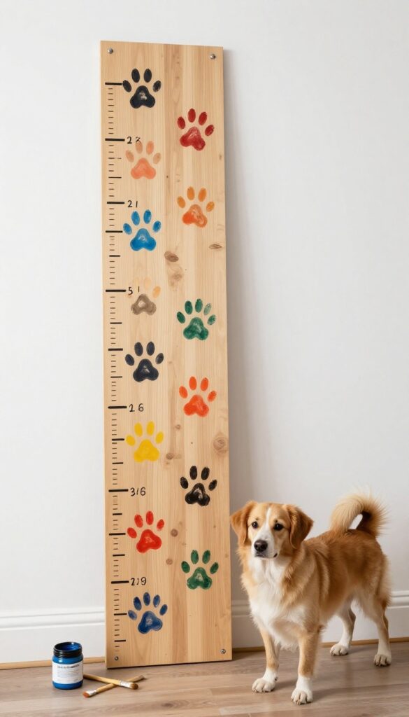 Dog paw print growth chart on a wooden board with colorful paw prints and dates