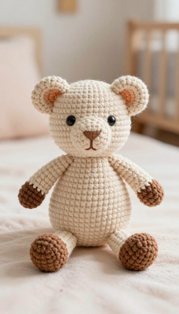 A crochet guinea pig rattle toy on a soft baby blanket in natural light.