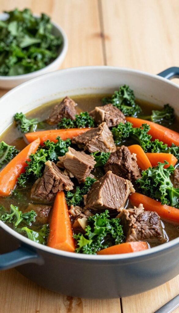 Slow cooker beef and kale stew for dogs, with tender beef and soft vegetables in a rich broth.