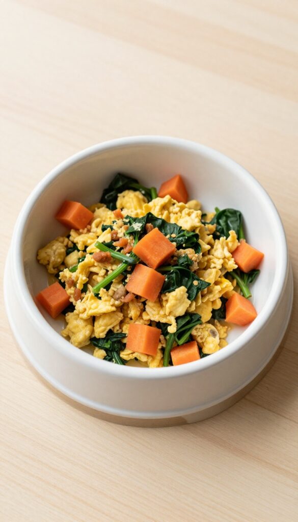 Dog breakfast bowl with scrambled eggs, steamed carrots, and spinach in a white ceramic bowl on a wooden table.