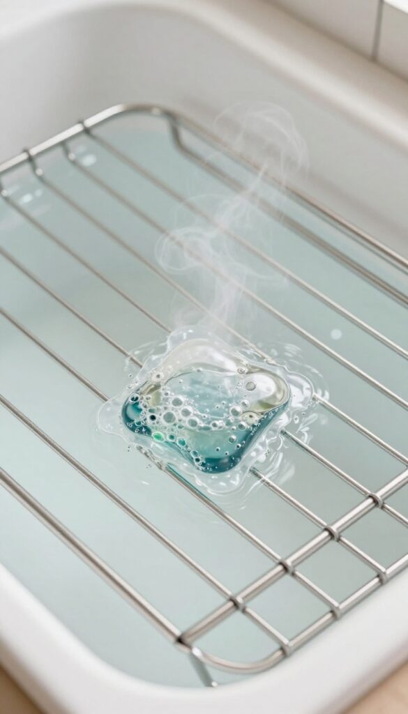 Oven rack soaking in hot water with a dissolving dishwasher pod, bubbles and steam, bright natural light.