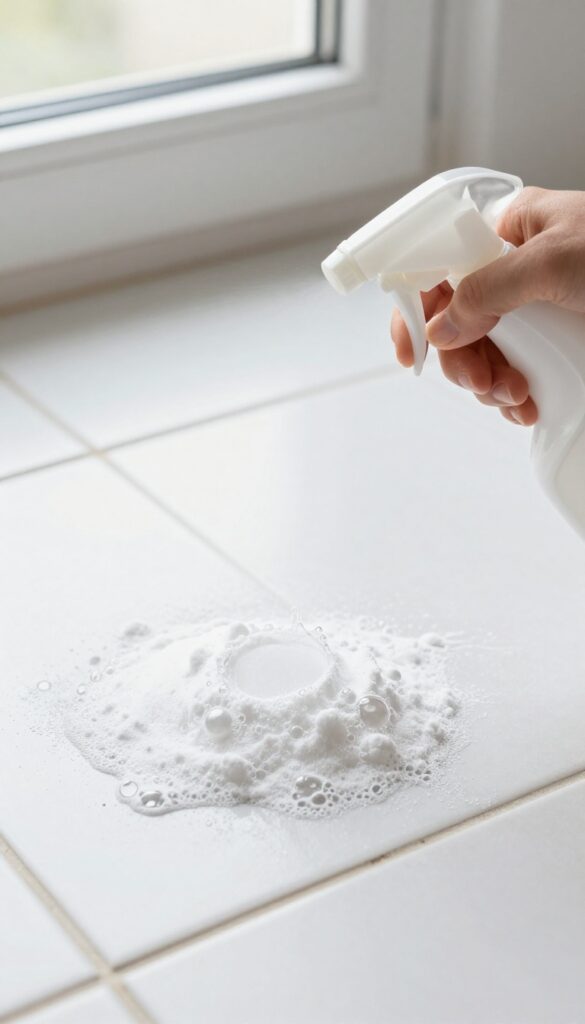 Spraying vinegar solution on baking soda paste on tile grout, causing fizzing reaction.