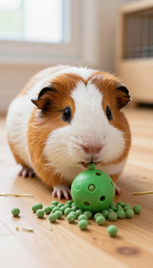 A guinea pig playing with a treat ball on a wooden floor