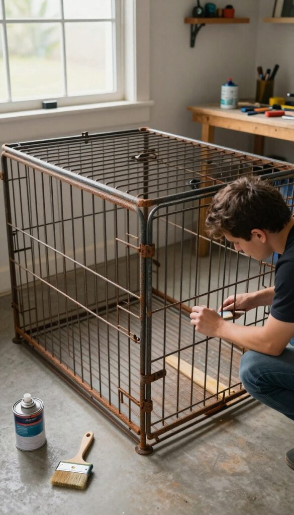 A person refinishing a secondhand extra large dog crate with sandpaper and paint in a bright workshop.
