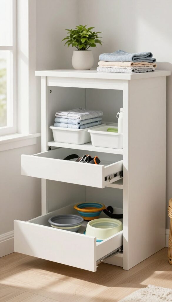 Under-counter dog crate with pull-out drawers in a laundry room, matching cabinetry, organized supplies, and natural light.