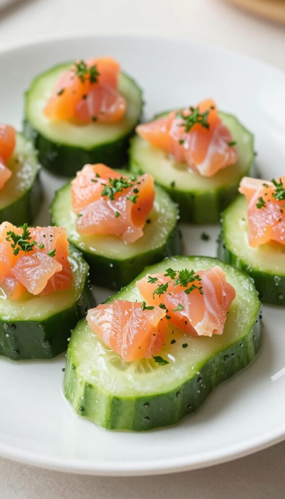 Cucumber rounds topped with flaked salmon and parsley as a dog treat topper, arranged on a white plate.