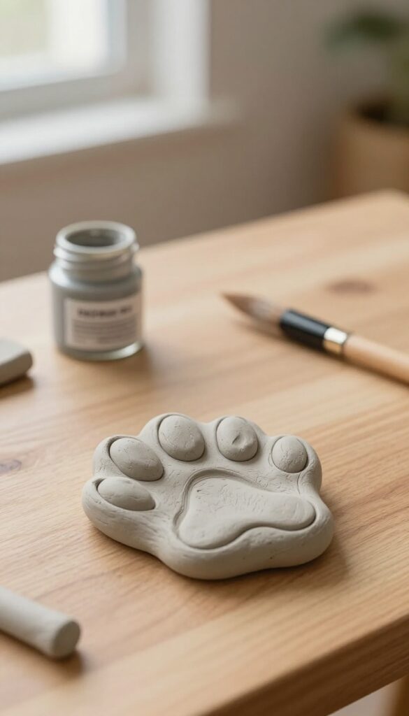 Dog paw print in clay on wooden table with ink pad nearby