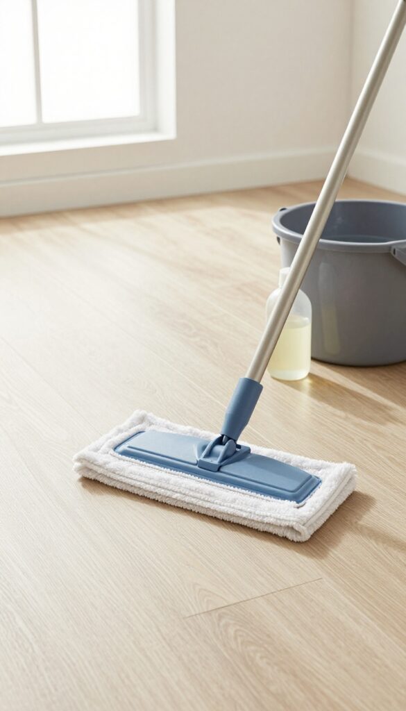 Damp mopping a clean vinyl plank floor with a vinegar solution in bright natural light