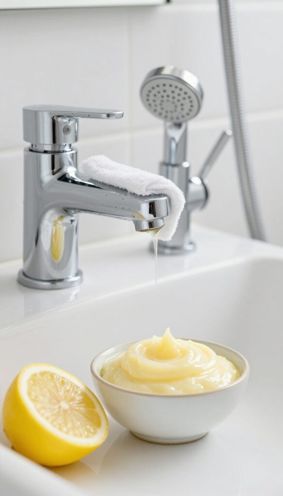 Chrome faucet being polished with a cloth, with a bowl of cream of tartar and lemon paste beside it.
